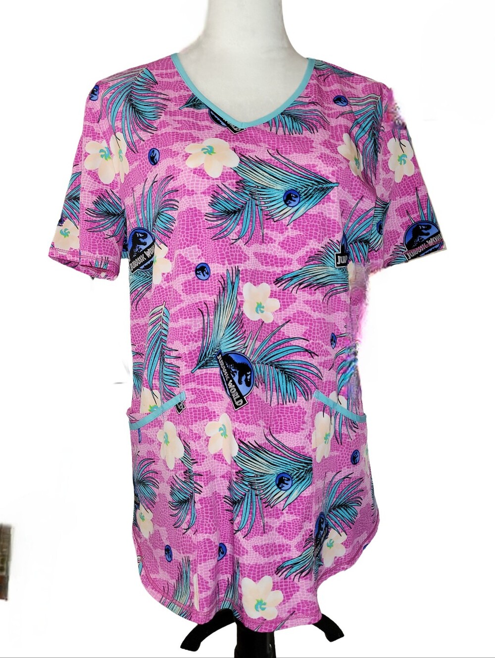 Jurassic World Women's "Dino Skin" Pink Floral Scrub Top Universal Studios Med